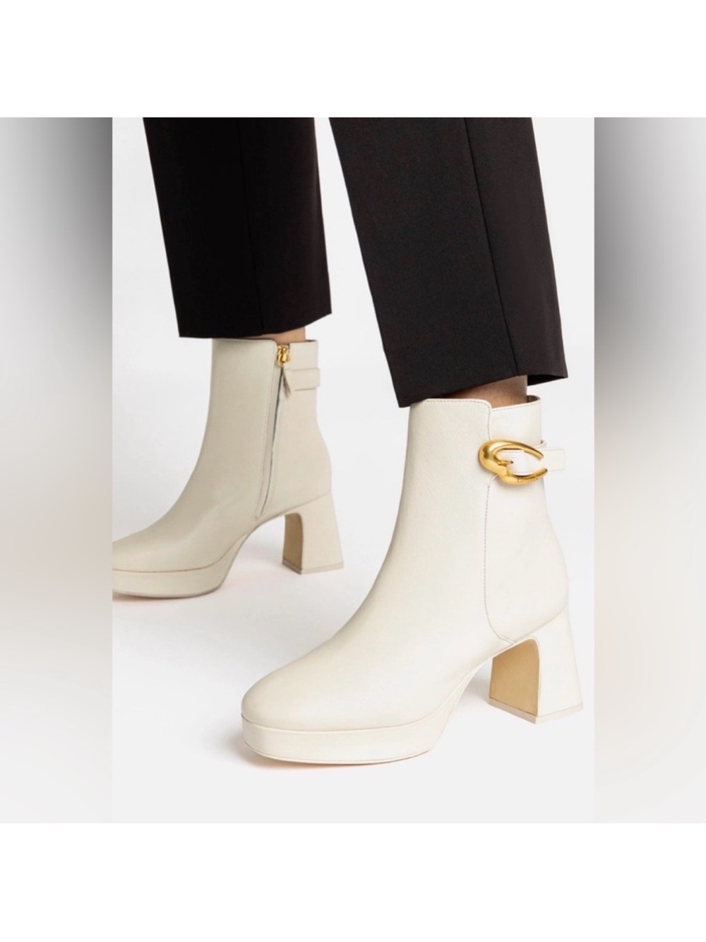 New never worn Larroude Cream Platform Ankle Boots with Gold Buckle